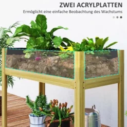 Outsunny Upphöjd Planteringslåda i Naturträ med Akrylpaneler och Dränering, Trädlåda för Trädgård och Balkong, 110x50x80 cm
