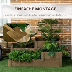 Outsunny Upph`ojt odlingslada i Tannenholz, planteringslada med flera nivaer for terrass & balkong, Brun