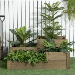 Outsunny Upph`ojt odlingslada i Tannenholz, planteringslada med flera nivaer for terrass & balkong, Brun