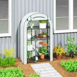 Outsunny Växthus 100x45x160cm - Vitt Folieväxthus med Hyllyor och Dörr