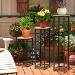 Outsunny Växtställ Set 3-delad blomsterpall & blomkruksställ i stål, Svart+Natur