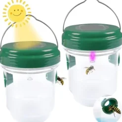 Pack med 2 hängande solfångare för getingar med LED-lampa, återanvändbara flugtraps och väddor för utomhus- och inomhusbruk.