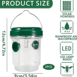 Pack med 2 hängande solfångare för getingar med LED-lampa, återanvändbara flugtraps och väddor för utomhus- och inomhusbruk.