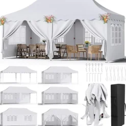 Partytält Paviljong 3x6 m - Pop-up Gazebo - Vattentät - UV50+ - HDPE med PU-beläggning - Aluminiumram - Sidoväggar ingår - Vit