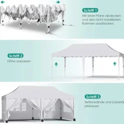 Partytält Paviljong 3x6 m - Pop-up Gazebo - Vattentät - UV50+ - HDPE med PU-beläggning - Aluminiumram - Sidoväggar ingår - Vit