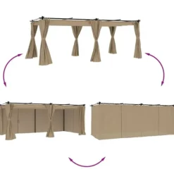 Paviljong med draperi - Robust uteplatslösning | Färg: Taupe | Storlek: 6x3 m
