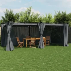 Paviljong med draperi i antracit - Utemöbler för avkoppling | Storlek: 6x3 m | Material: Stål