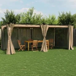 Paviljong med draperi taupe 6x3 m stål