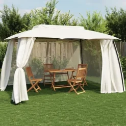 Paviljong med dubbelt tak & nätväggar - Utomhuspergola | Färg: Gräddvit | Storlek: 3,93x2,93 m