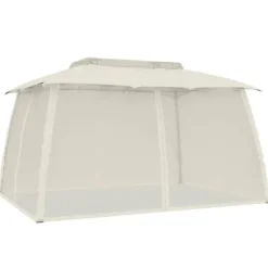 Paviljong med dubbelt tak & nätväggar - Utomhuspergola | Färg: Gräddvit | Storlek: 3,93x2,93 m