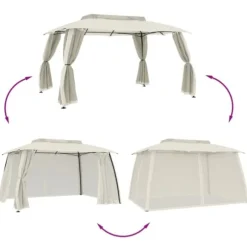 Paviljong med dubbelt tak & nätväggar - Utomhuspergola | Färg: Gräddvit | Storlek: 3,93x2,93 m