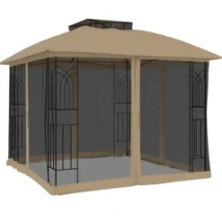 Paviljong med dubbelt tak och nätväggar - Utomhusavkoppling | Färg: Taupe | Storlek: 2,94x2,94 m