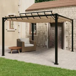 Paviljong med lamelltak 3x3 m taupe tyg och aluminium