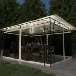 Paviljong med myggnät och solcellsdriven ljusslinga | Färg: Gräddvit | Storlek: 4x3x2,73 m