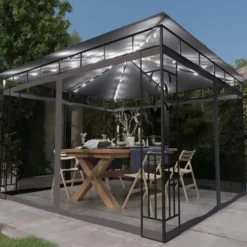 Paviljong med myggnät och ljusslinga LED 3x3x2,73m antracit