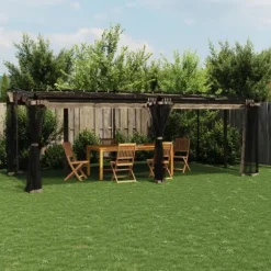 Paviljong med nätväggar taupe 6x3 m stål