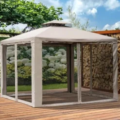 Paviljong 3x3 m med 4 sidoväggar, metall/polyester, grå – vädertålig