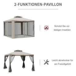 Paviljong 3x3 m med 4 sidoväggar, metall/polyester, grå – vädertålig