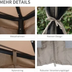 Paviljong 3x3 m med 4 sidoväggar, metall/polyester, grå – vädertålig