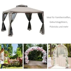 Paviljong 3x3 m med 4 sidoväggar, metall/polyester, grå – vädertålig
