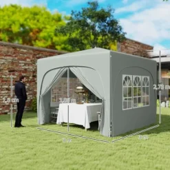 Paviljong 3x3 m pop-up, vattenavvisande, vintertålig, UV-skydd 50+, 4 sidoväggar & väska, ljusgrå