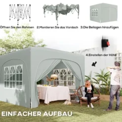 Paviljong 3x3 m pop-up, vattenavvisande, vintertålig, UV-skydd 50+, 4 sidoväggar & väska, ljusgrå