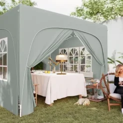 Paviljong 3x3 m pop-up, vattenavvisande, vintertålig, UV-skydd 50+, 4 sidoväggar & väska, ljusgrå