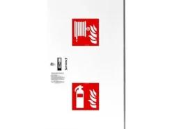 Pendelbrandpost DN52 med korg, 850x500x200, med brandsläckarförvaring, slang 2x20m, patentlås, RAL 9003