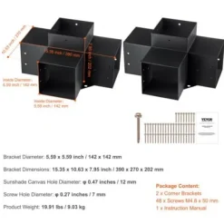 Pergola beslagssats, 4-vägs hörnbeslag 2 st, 14,2x14,2 cm, svart, stål