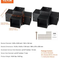 Pergola beslagssats, 4-vägs hörnbeslag 2 st, 14,2x14,2 cm, svart, stål