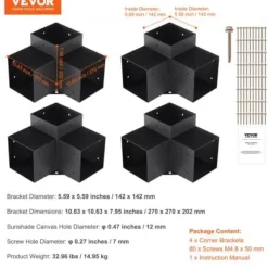 Pergola Fästesats, 3-vägs hörnfäste, 14,2x14,2 cm, Svart, Stål