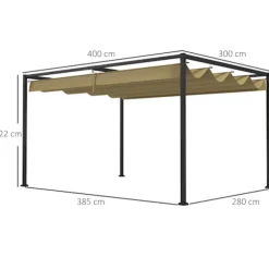 Pergola 4x3m trädgårdspaviljong, uteplatstak av stål, trädgårdspaviljong med justerbart tak, fristående, solskydd för terrass och trädgård, kaki