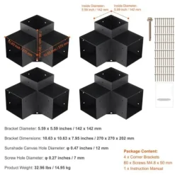 Pergolafäste Kit 152x152mm, 4st 3-vägs Heavy Duty Hörnfästen för DIY, enkel installation för pergola och uteplats.