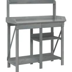 Plantbord med hyllor av massivt granträ - Växtbord för trädgård | Färg: Grå | Storlek: [ange storlek]