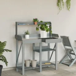 Plantbord med hyllor av massivt granträ - Växtbord för trädgård | Färg: Grå | Storlek: [ange storlek]