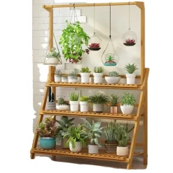 Plantebord, 3 nivåer, justerbar höjd, naturlig bambu,XL, Naturligt trä