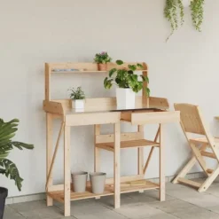 Planteringsbord i massivt granträ med hyllor - Växtbord för trädgård | Färg: Naturlig | Storlek: Standard