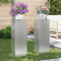 Planteringslåda i galvaniserat stål - 2 st utomhus blomsterställ | Storlek: 24x24x75 cm | Färg: Grå