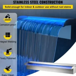 Poolfontän, Vattenfall med LED-ljusramp, 60x11.5x8 cm, Silver, Rostfritt stål