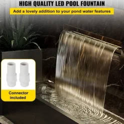 Poolfontän, Vattenfall med LED-ljusramp, 60x11.5x8 cm, Silver, Rostfritt stål