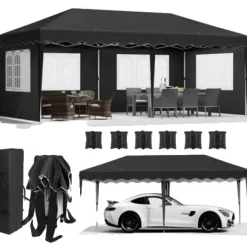 Pop-Up Paviljong 3m x 6m, Vattentät med UV-skydd, Enkel Uppsättning,svart