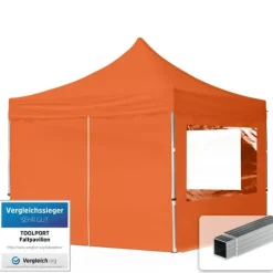pop-up tält snabbtält 3x3 m - 4 sidodelar hopfällbart tält aluminium paviljong (certifierad) party lusthus orange tak