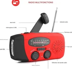 Radio Survie-Radio Dynamo-Manivelle och Solenergi, 2000mA, med LED-ficklampa, SOS-larm, AM/FM/WB-väder - för nödladdning