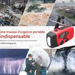 Radio Survie-Radio Dynamo-Manivelle och Solenergi, 2000mA, med LED-ficklampa, SOS-larm, AM/FM/WB-väder - för nödladdning