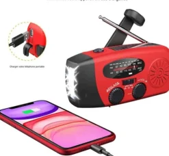 Radio Survie-Radio Dynamo-Manivelle och Solenergi, 2000mA, med LED-ficklampa, SOS-larm, AM/FM/WB-väder - för nödladdning