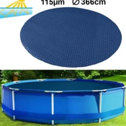 RAMROXX Solvärmd pooltäcke, 366 cm runt, UV-stabiliserad PE, Svart/Blå, 115µm
