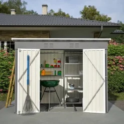 Redskapsbod i metall 8×4 ft (ca 244×122 cm), grå – vädertålig, inkl. metallfundament (utan golv) för trädgård/terrass