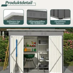 Redskapsbod i metall 8×4 ft (ca 244×122 cm), grå – vädertålig, inkl. metallfundament (utan golv) för trädgård/terrass