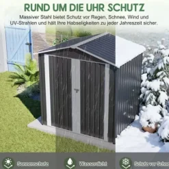 Redskapsbod i metall 142 x 185 cm, grå – låsbar dörr, ventilationshål, inkl. metallbas, vädertålig för trädgårdsredskap