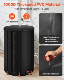 Regntunna - Hopfällbar regnvattentunna - Kapacitet 380 l - PVC 1000D - Med kran och överfyllningskit - För trädgård - Svart